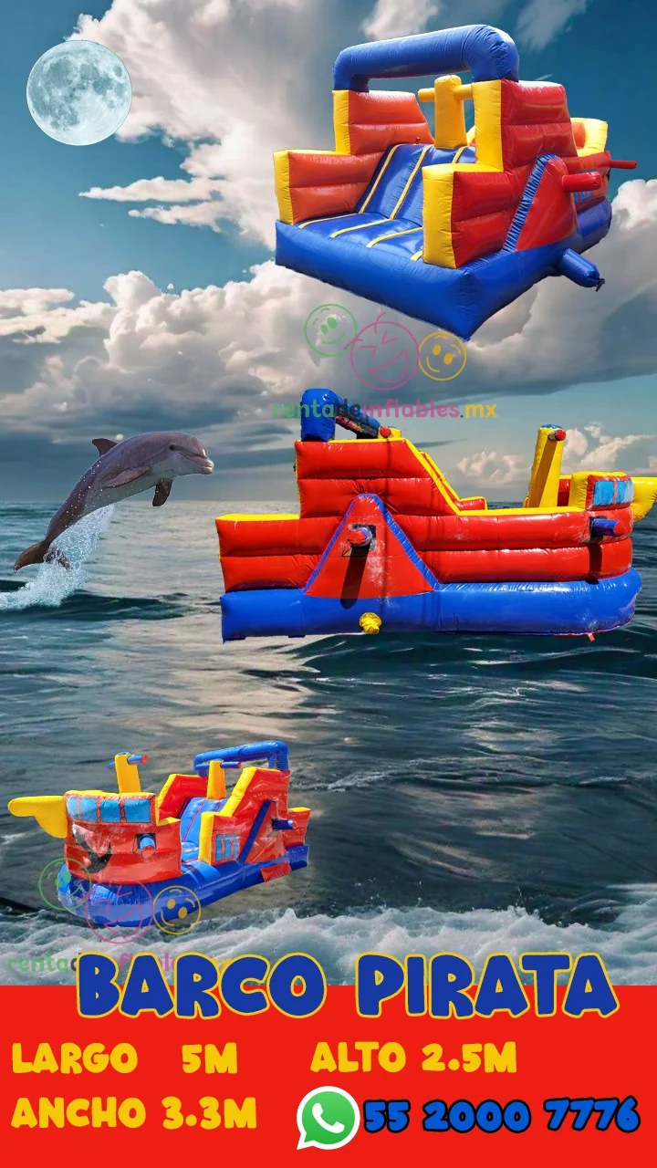 Ficha del inflable Barco Pirata para renta en CDMX, con medidas y datos de contacto