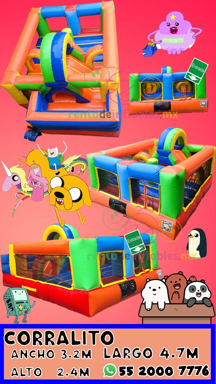 Ficha del inflable Corralito para renta en CDMX, con medidas y datos de contacto
