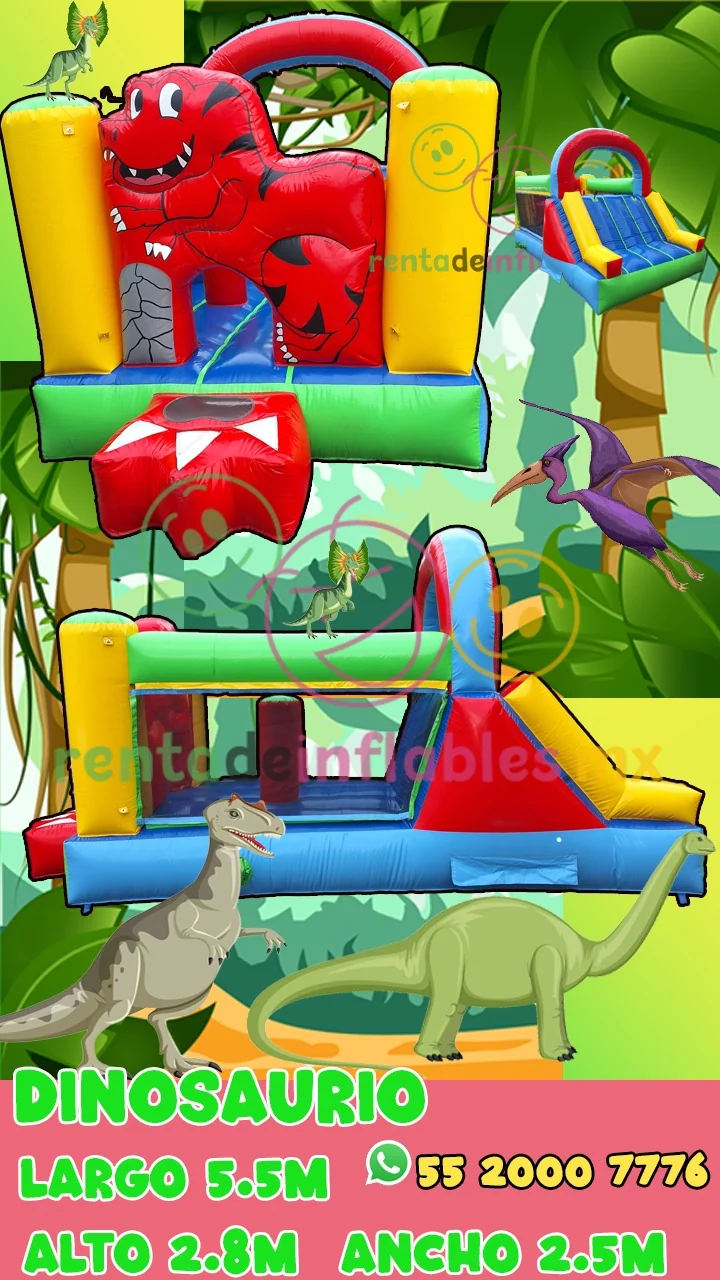 Ficha del inflable Dinosaurio para renta en CDMX, con medidas y datos de contacto