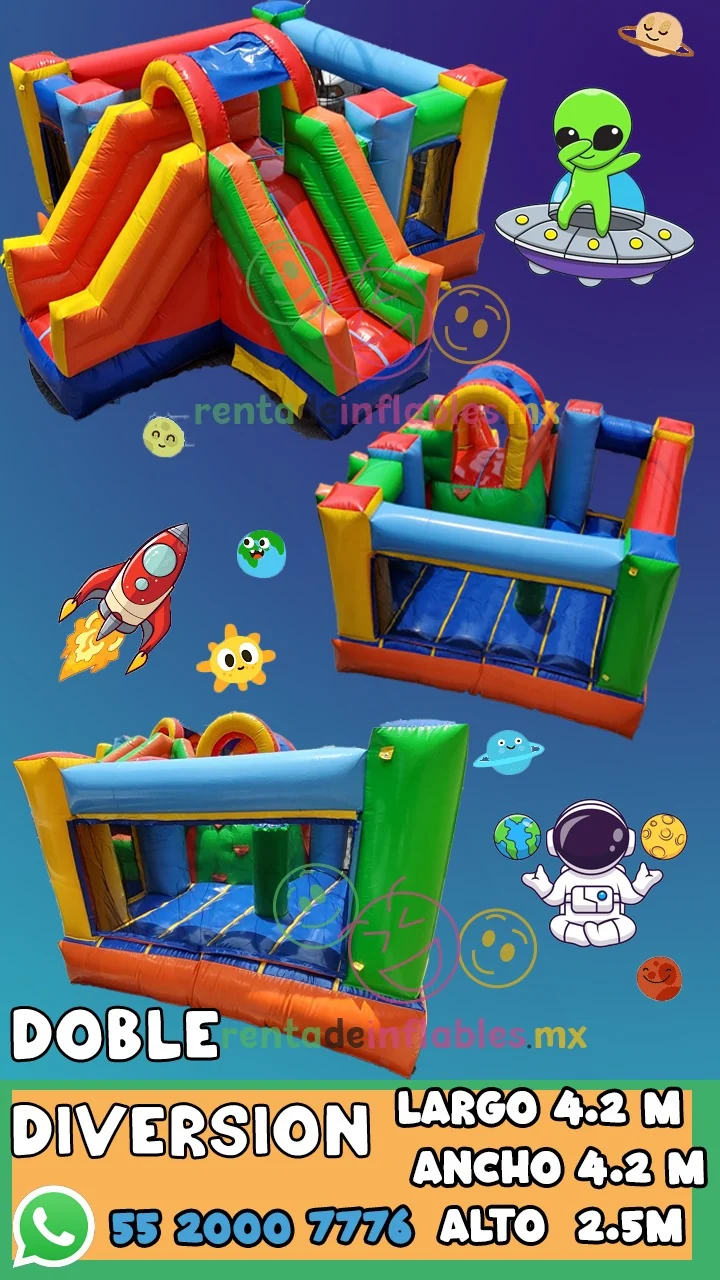 Ficha del inflable Doble Diversión para renta en CDMX, con medidas y datos de contacto