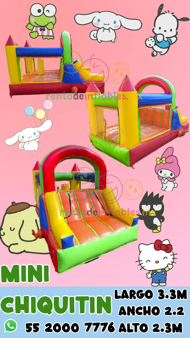 Ficha del inflable Mini Chiquitín para renta en CDMX, con medidas y datos de contacto