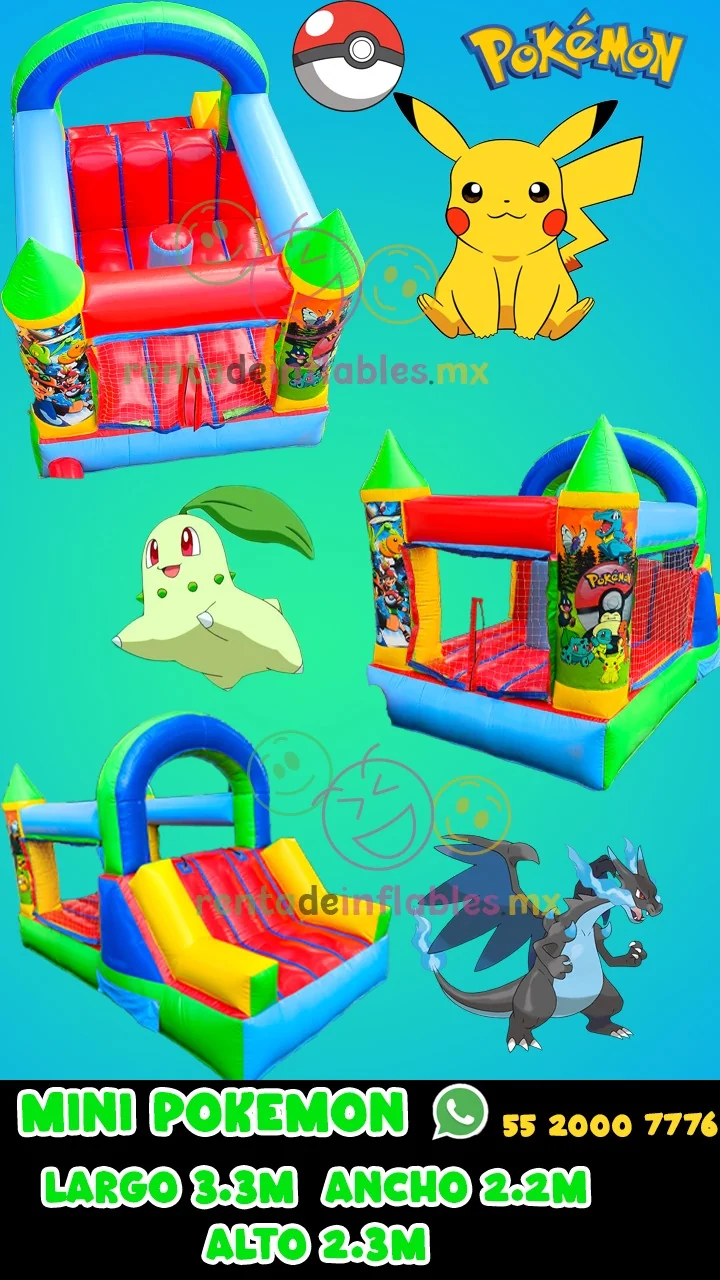 Ficha del inflable Mini Pokémon para renta en CDMX, con medidas y datos de contacto