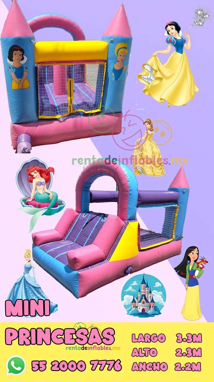 Ficha del inflable Mini Princesas para renta en CDMX, con medidas y datos de contacto
