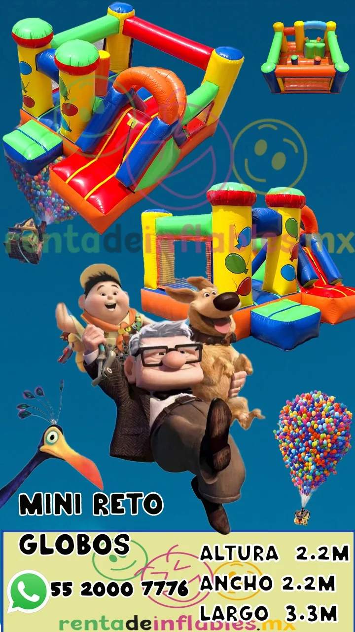 Ficha del inflable Mini Reto Globos para renta en CDMX, con medidas y datos de contacto