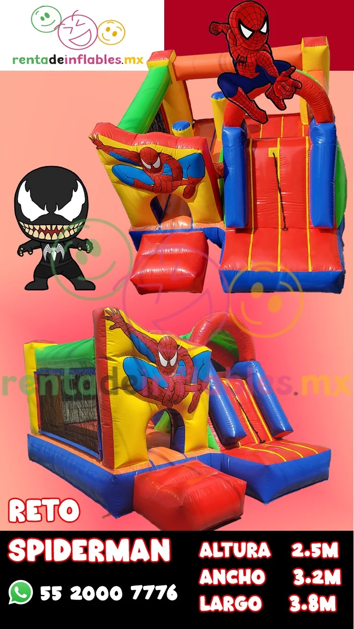 Ficha del inflable Reto Spiderman para renta en CDMX, con medidas y datos de contacto